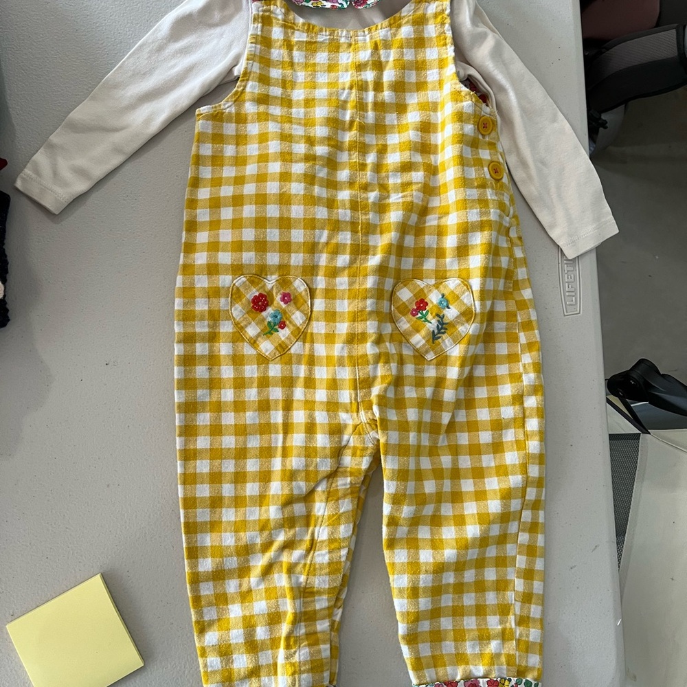Baby Boden Yellow Gingham Overalls with Heart Pockets
